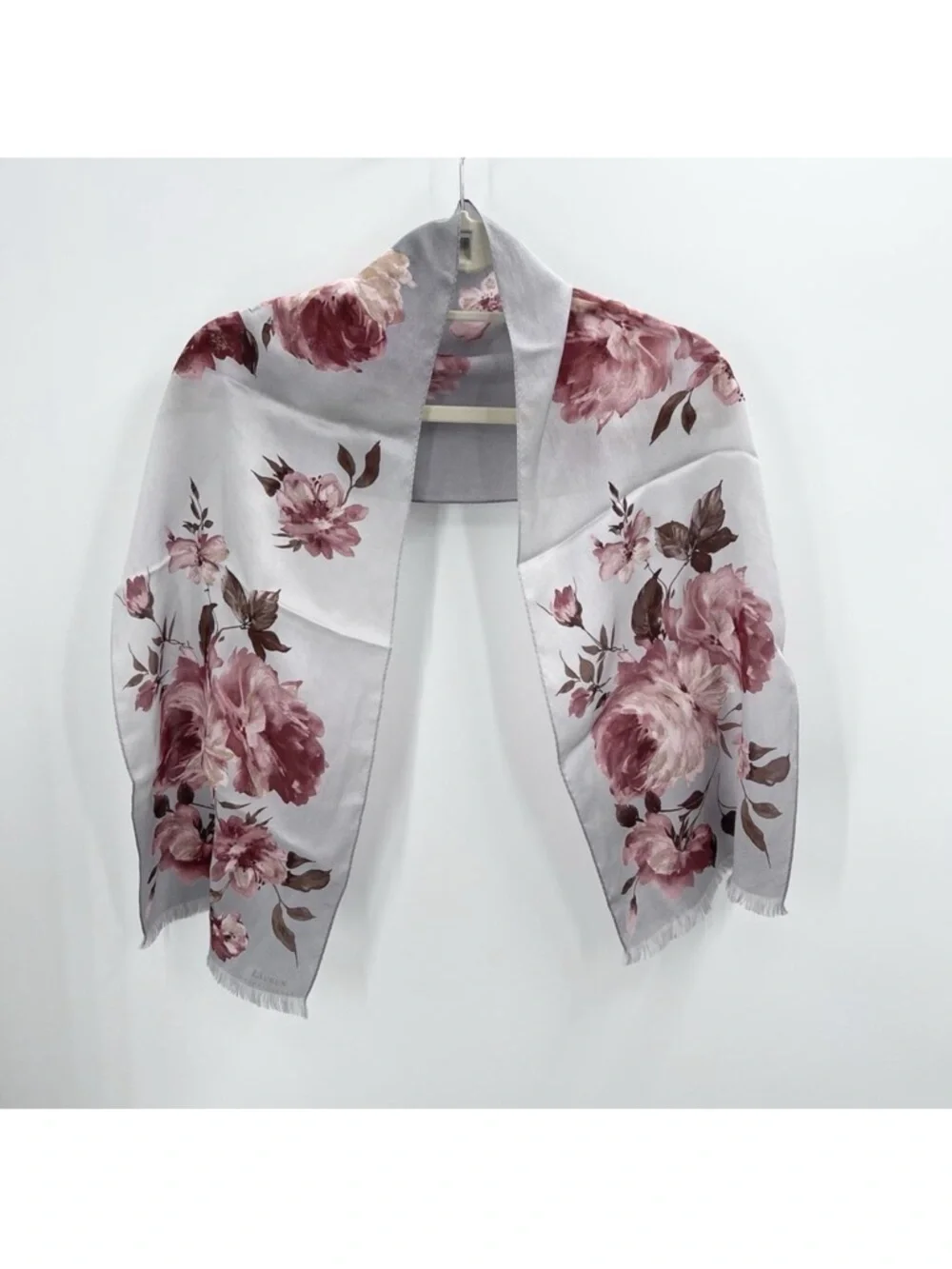 Vintage Ralph Lauren Silk Light Gray Pink Floral Roses Rectangle Scarf